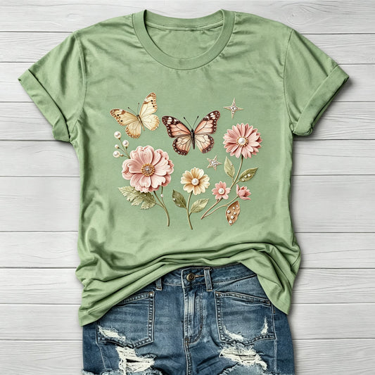 Floral Butterfly Graphic Crew Neck T-Shirt