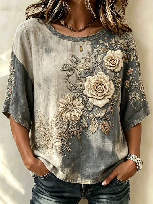 3D Floral Embroidered Washed Short Sleeve Top