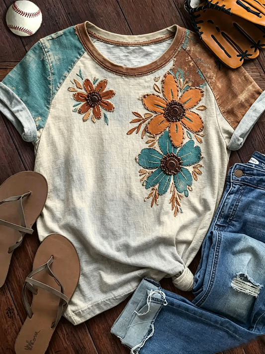 Color-Block Floral Embroidered Raglan Sleeve T-Shirt