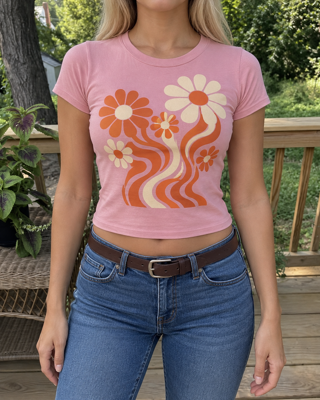 Pink Retro Flower Graphic Baby Tee