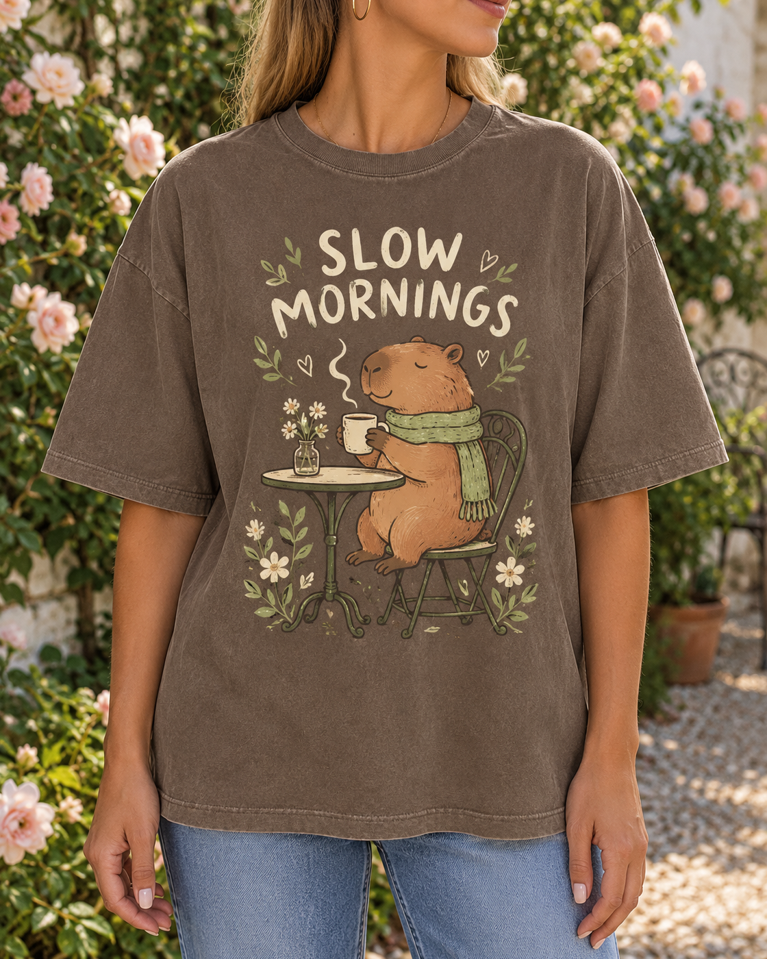 Brown Slow Mornings Capybara Graphic Tee