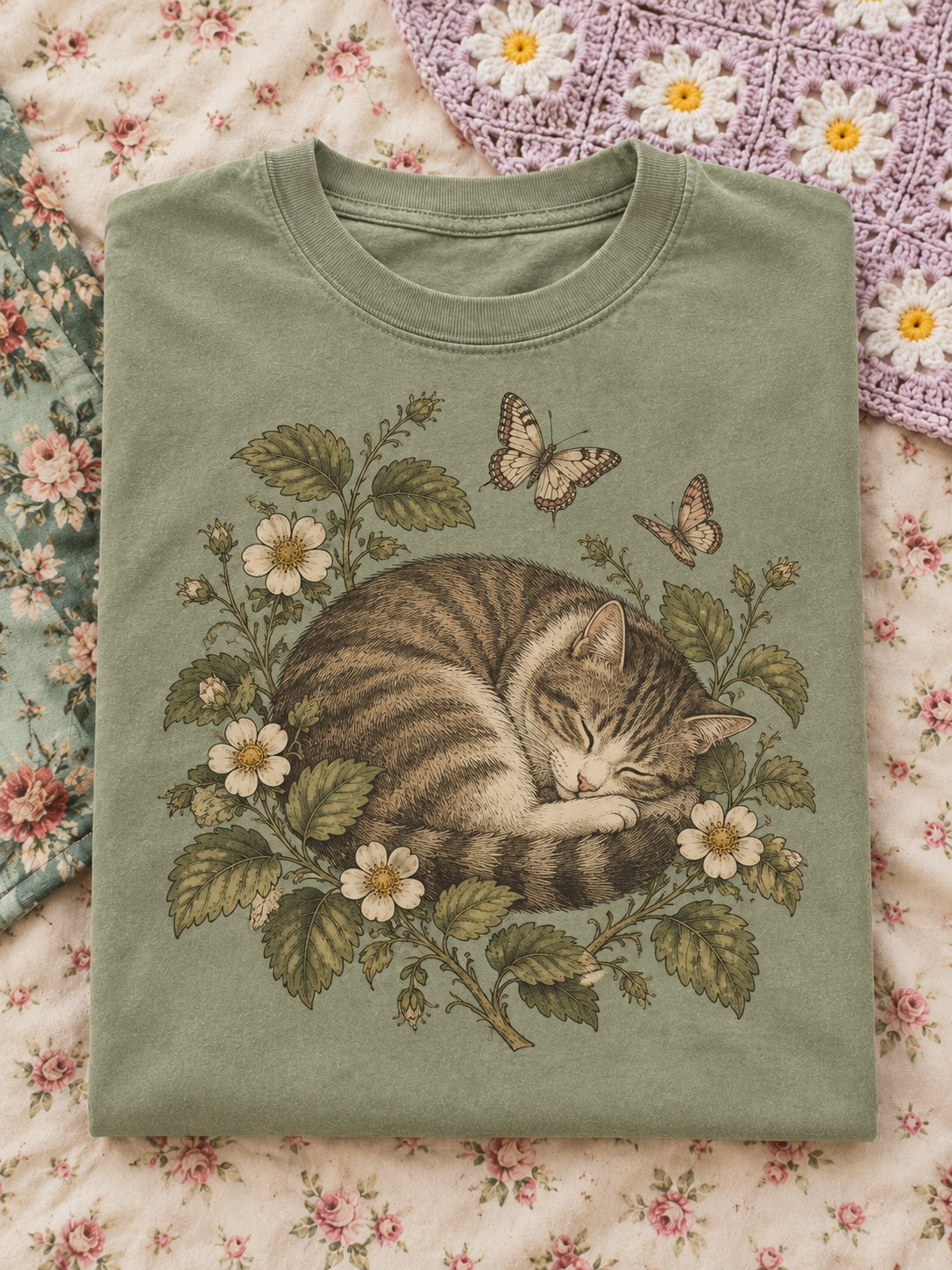 Sage Green Sleeping Cat Floral Graphic Tee