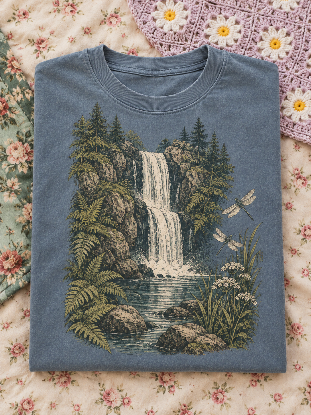 Blue Waterfall Dragonfly Graphic Tee