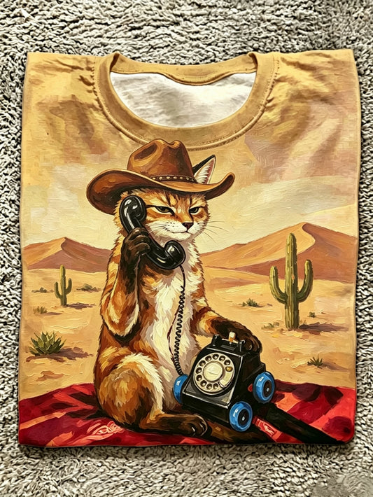 Oil Painting Style Cowboy Hat Orange Cat On Phone Desert Cactus Khaki Crew Neck Tee