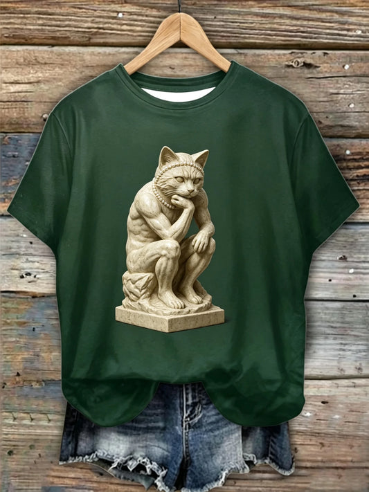 Vintage Sculpture Thinking Cat Print Dark Green Short Sleeve Tee