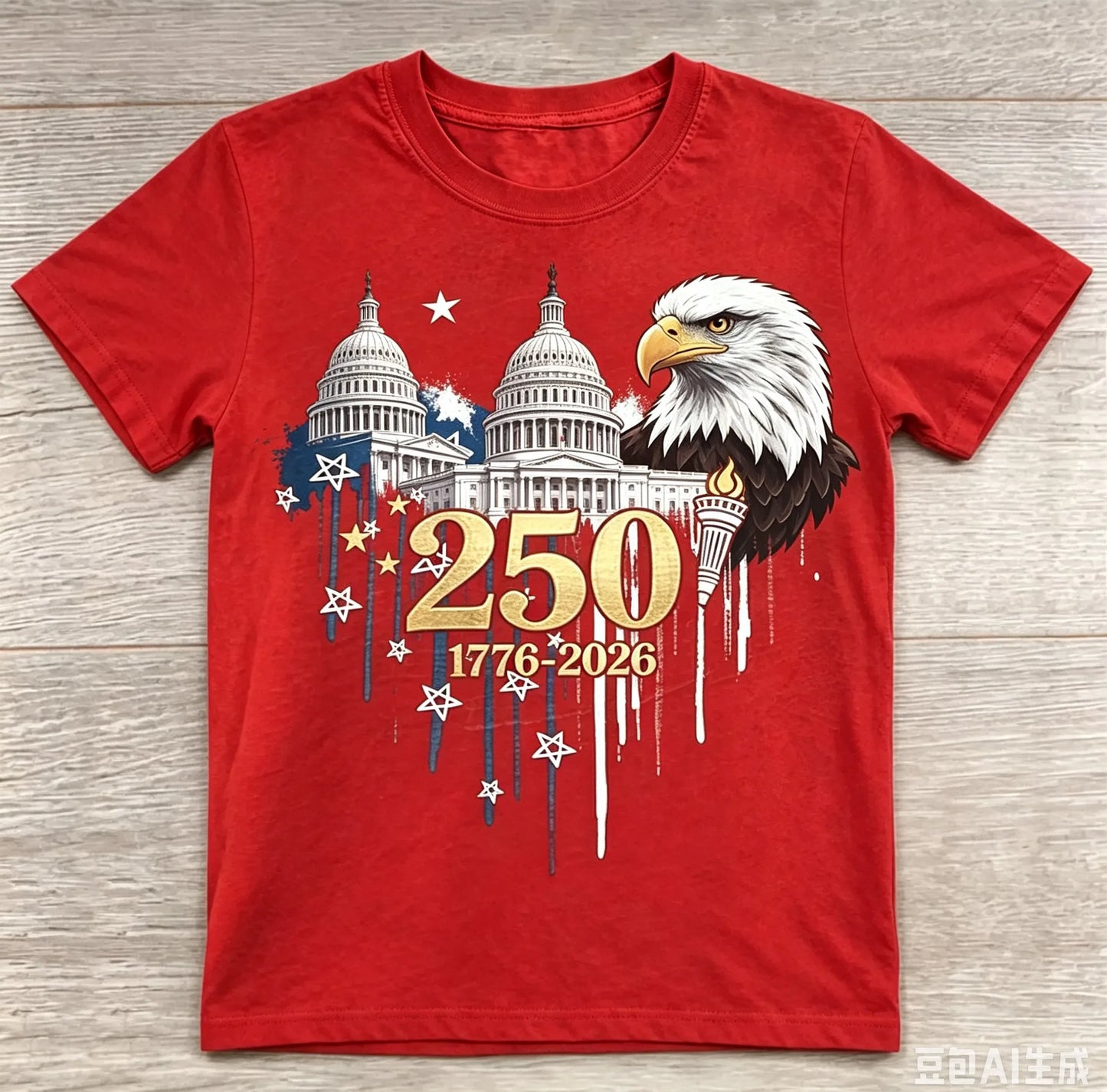 USA 250th Anniversary Capitol Building Bald Eagle Splatter Print Red Crew Neck Tee