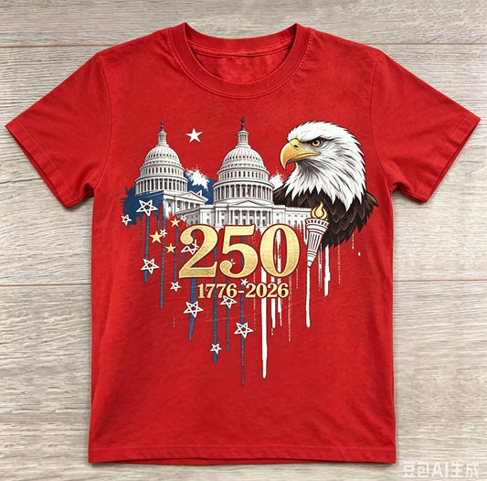 USA 250th Anniversary Capitol Building Bald Eagle Splatter Print Red Crew Neck Tee