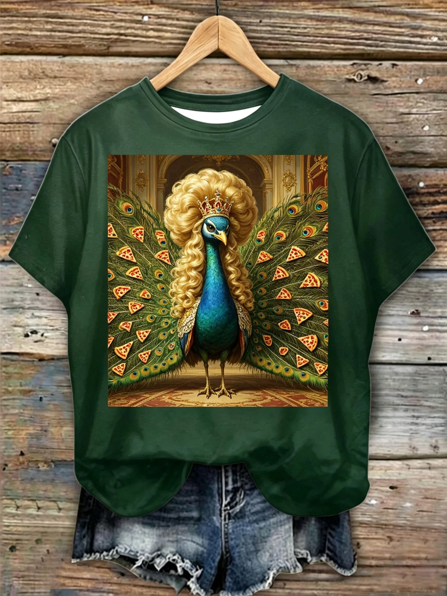 Crown Poodle Hair Peacock With Pizza Feather Print Dark Green Short Sleeve Tee
