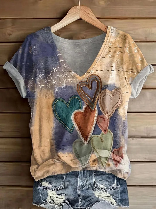 Women Vintage Heart Floral Print V-Neck Short Sleeve Casual T-Shirt