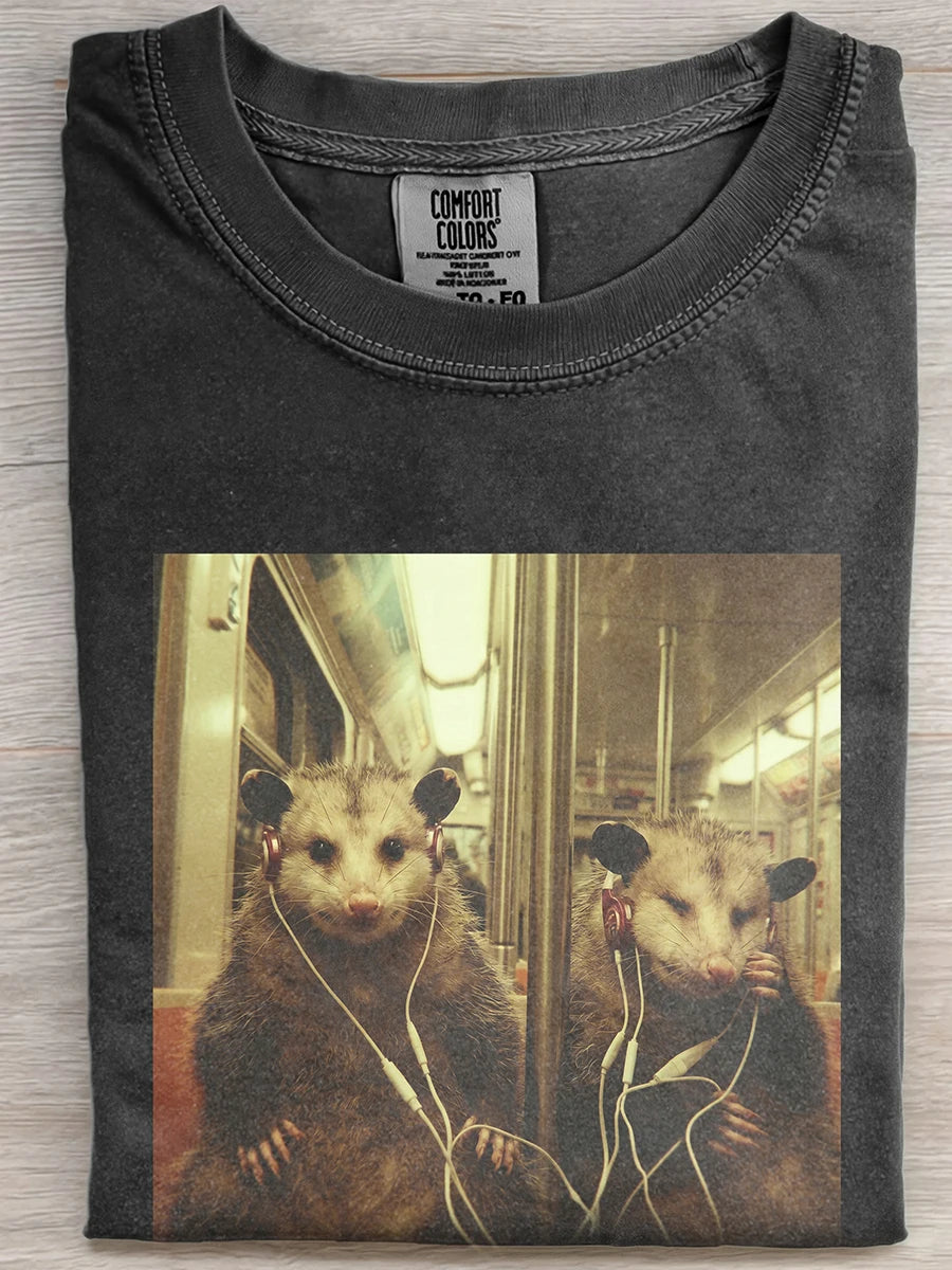 Vintage Washed Black Subway Opossum Wearing Headphones Funny Graphic Short Sleeve Tee