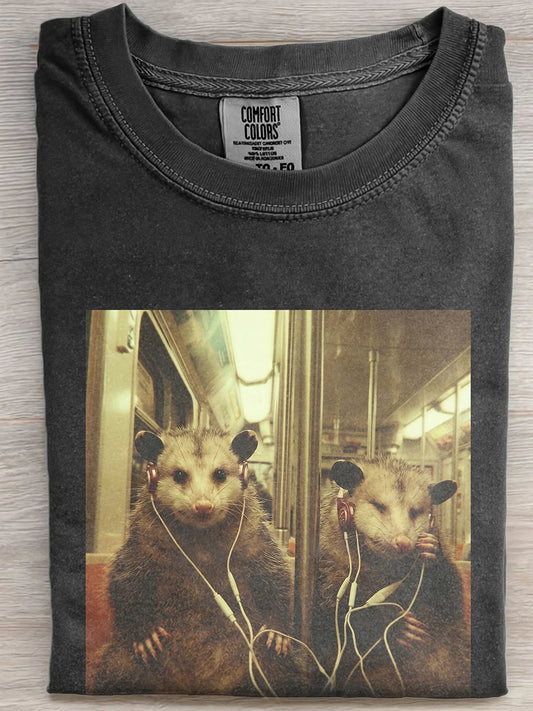 Vintage Washed Black Subway Opossum Wearing Headphones Funny Graphic Short Sleeve Tee