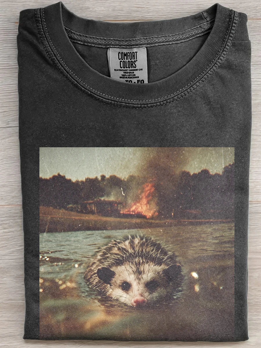 Vintage Washed Black Apocalypse Fire Swimming Opossum Funny Graphic Short Sleeve Tee