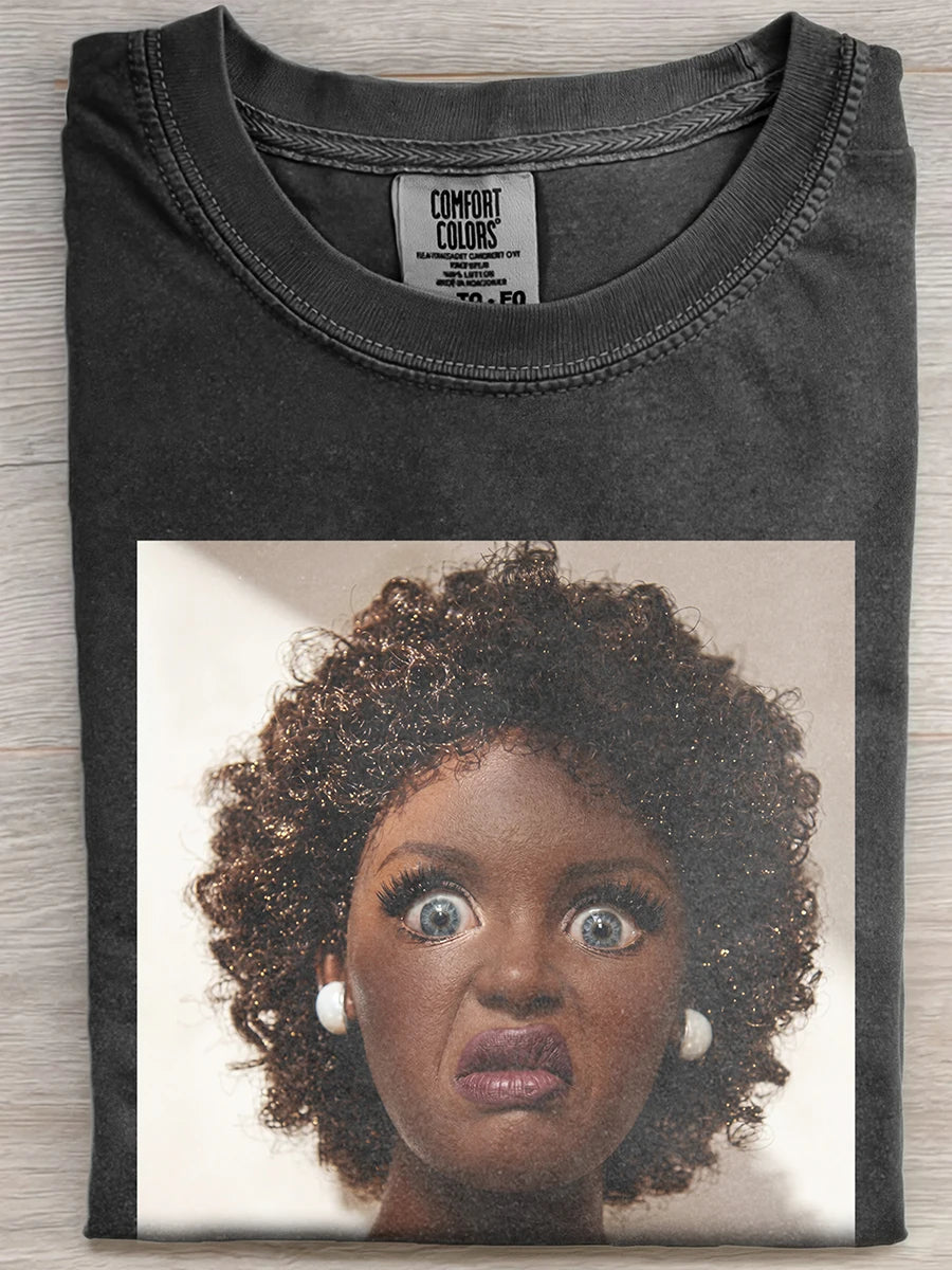 Vintage Washed Black Short Curly Hair Black Woman Shocked Disgusted Funny Meme Graphic Short Sleeve Tee