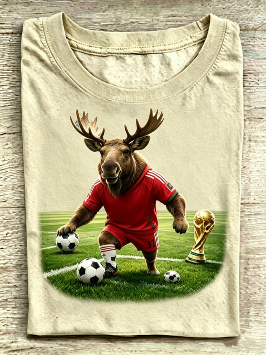 Moose In Red Soccer Jersey World Cup Trophy Grass Field Khaki Crew Neck Tee