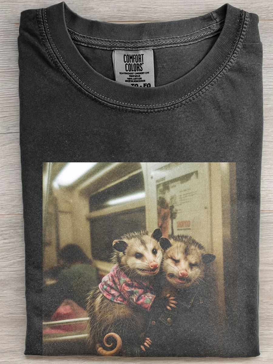Vintage Washed Black Subway Opossum Couple Funny Print Short Sleeve T-Shirt