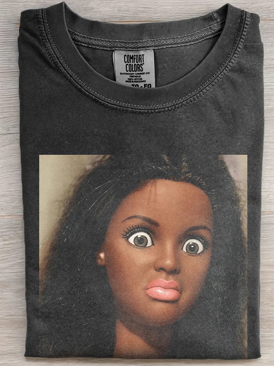 Vintage Washed Black Long Straight Hair Black Barbie Wide Eyes Funny Graphic Short Sleeve Tee