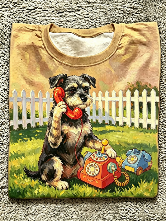 Oil Painting Style Schnauzer On Phone Vintage Toy Telephone Khaki Crew Neck Tee