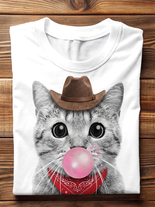 Western Cowboy Cat Blowing Pink Bubble Gum Crew Neck T-shirt