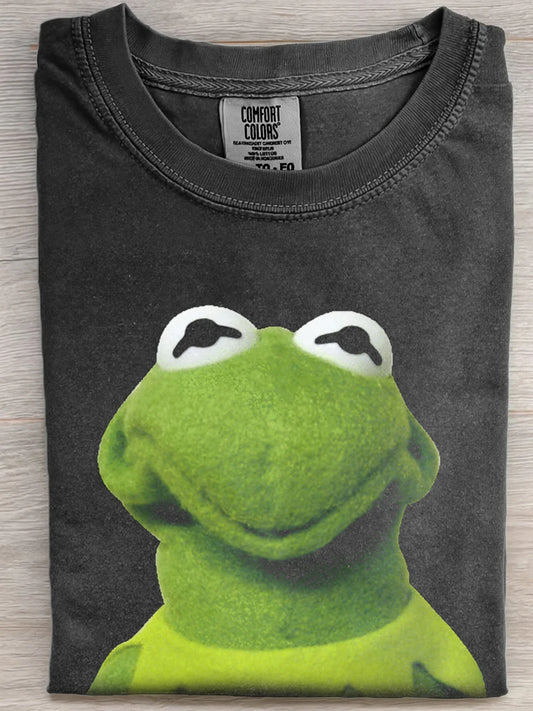 Vintage Washed Black Kermit The Frog Smirking Funny Graphic Short Sleeve Tee