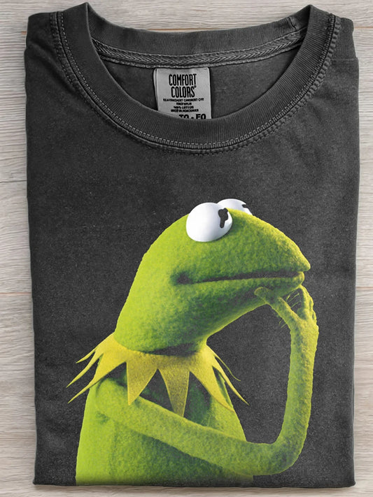 Vintage Washed Black Kermit The Frog Thinking Funny Graphic Short Sleeve Tee