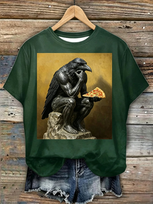 Thinker Raven Holding Pizza Sculpture Print Dark Green Short Sleeve Tee