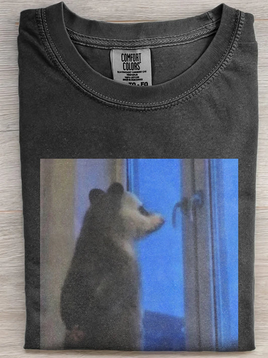 Vintage Washed Black Lonely Panda By Window Aesthetic Graphic Short Sleeve Tee