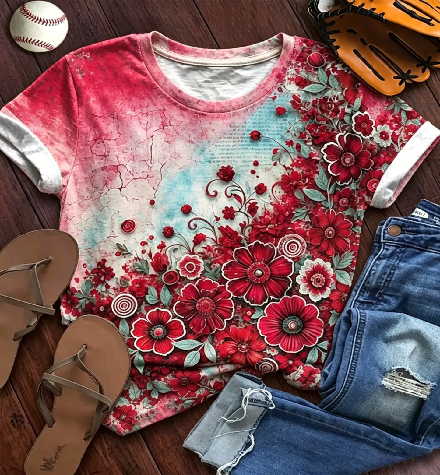 Vibrant All-Over Artistic Print Short Sleeve Casual Loose Comfort Top