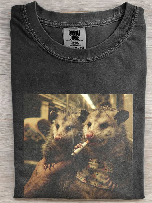 Vintage Washed Black Subway Smoking Opossum Holding Baby Funny Graphic Short Sleeve Tee