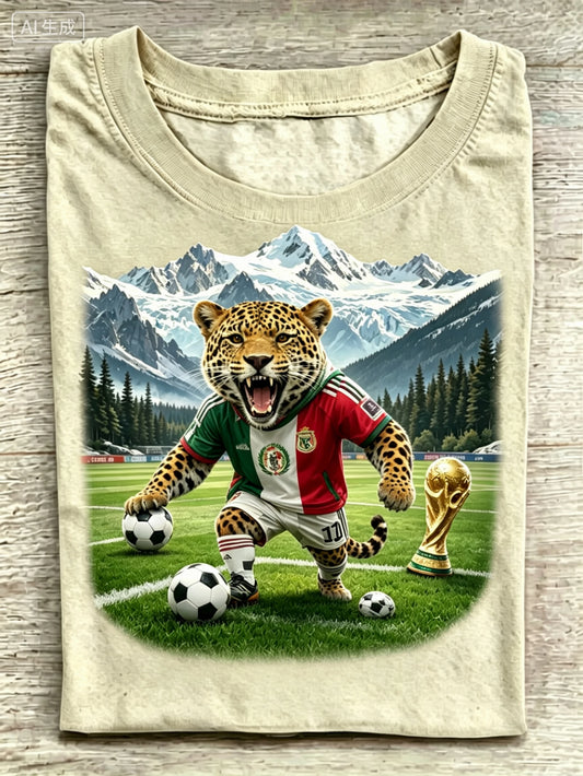 Jaguar In Mexico Soccer Jersey World Cup Snow Mountain Khaki Crew Neck Tee