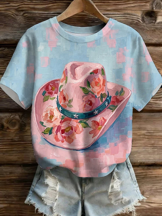 Pink Blue Impasto Oil Painting Peony Cowboy Hat Print Crew Neck Short Sleeve T-shirt