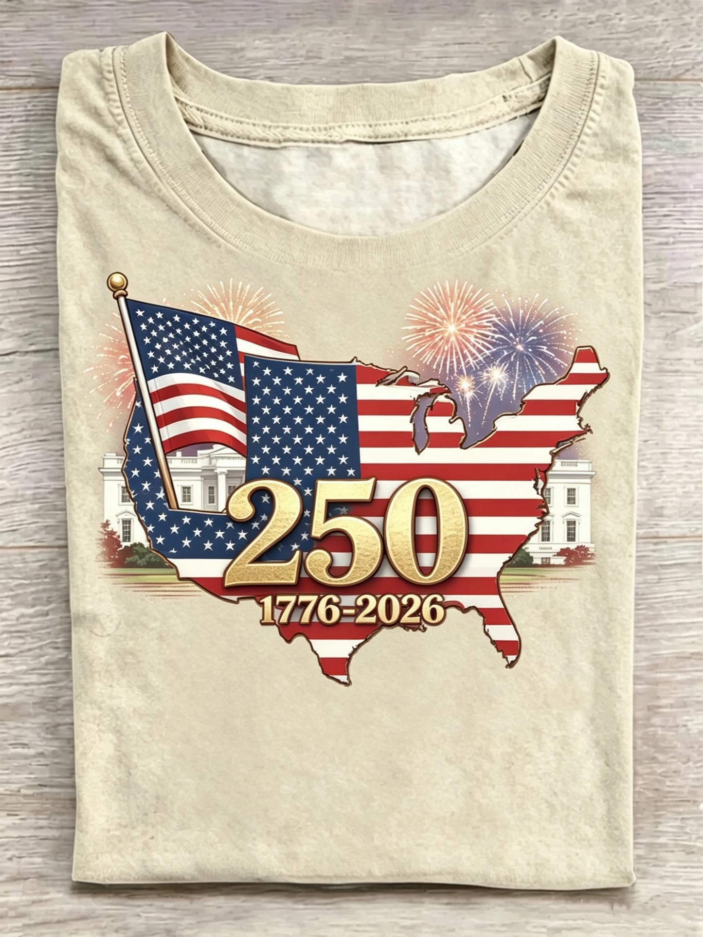USA Map Flag White House 250th Anniversary Firework Print Crew Neck Tee