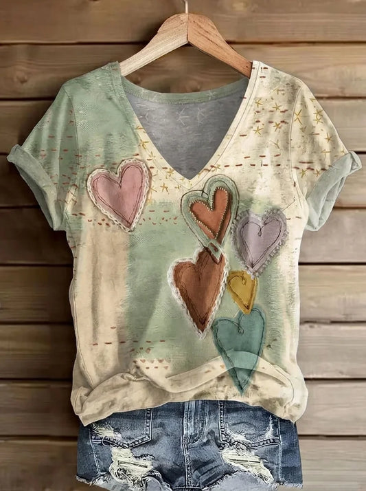 Women Vintage Heart Floral Print V-Neck Short Sleeve Casual T-Shirt