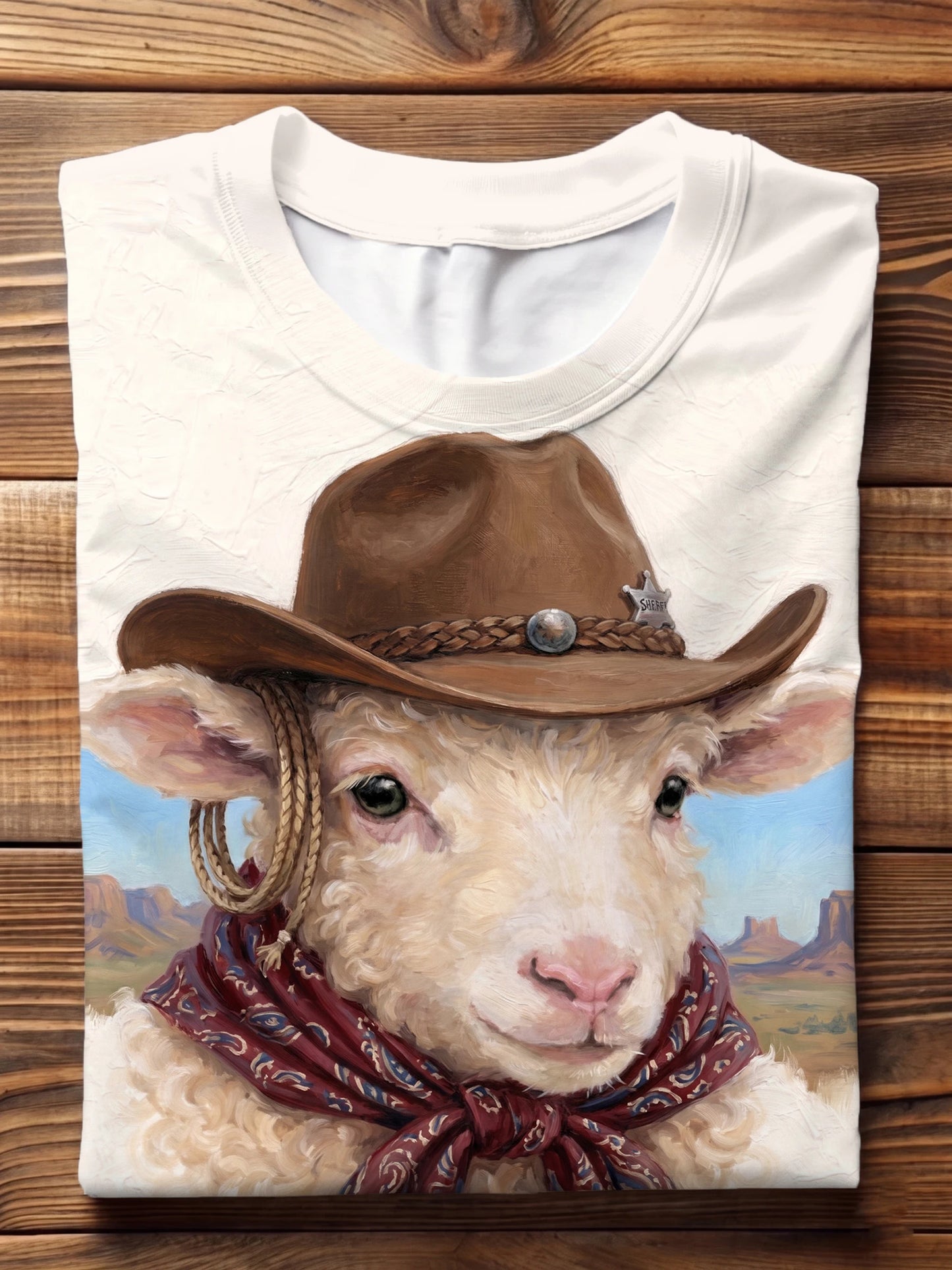 Oil Painting Western Sheriff Sheep Desert Butte Crew Neck T-shirt