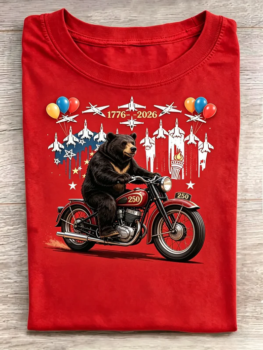 USA 250th Anniversary Black Bear Riding Motorcycle Fighter Jet Print Red Crew Neck Tee