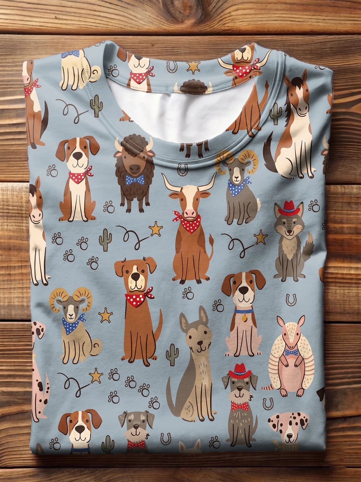 Light Blue Cartoon Western Bandana Wild Animals All Over Print Crew Neck T-shirt