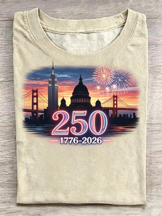 USA 250th Anniversary Landmark Firework Print Crew Neck Casual Tee