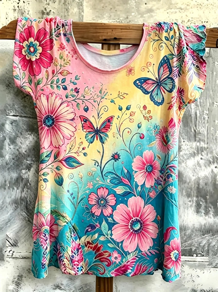 Women Vibrant Artistic Print Short Sleeve Casual Loose Comfort Top