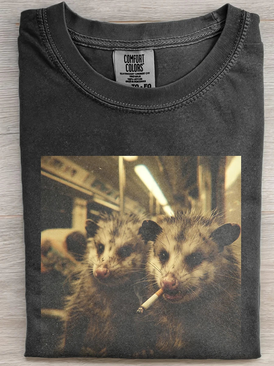 Vintage Washed Black Subway Smoking Opossum Funny Graphic Short Sleeve Tee