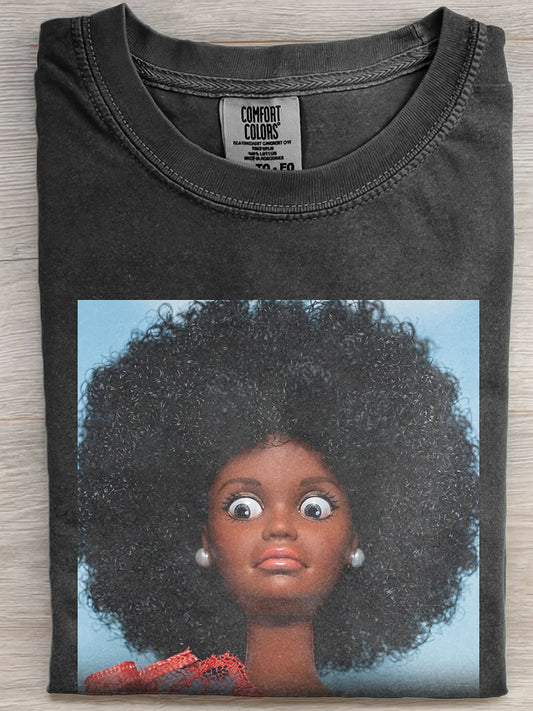 Vintage Washed Black Afro Black Barbie Wide Eyes Funny Graphic Short Sleeve Tee