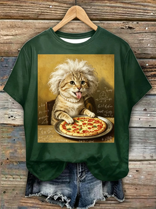 Einstein Explosion Head Orange Cat Pizza Formula Vintage Oil Painting Short Sleeve Tee