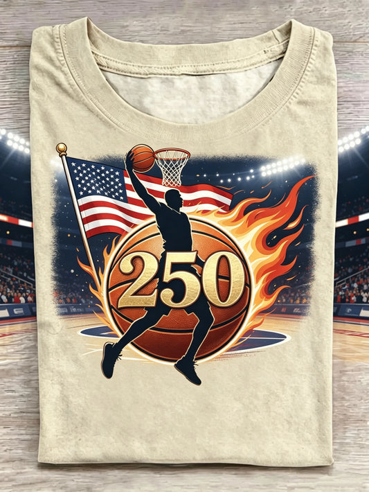 USA 250th Anniversary Basketball & American Flag Graphic Crew Neck Tee