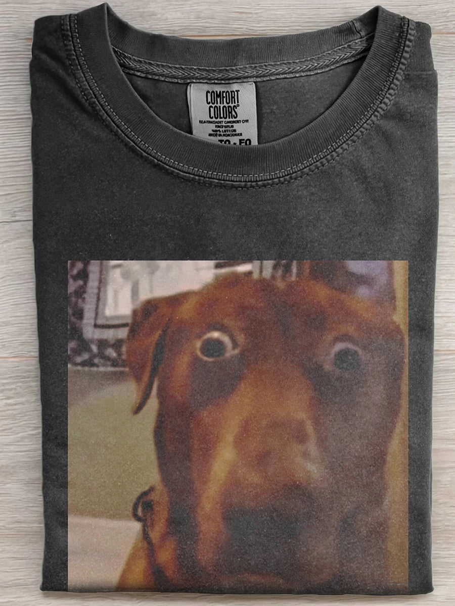 Vintage Washed Black Shocked Dog Face Funny Meme Graphic Short Sleeve Tee