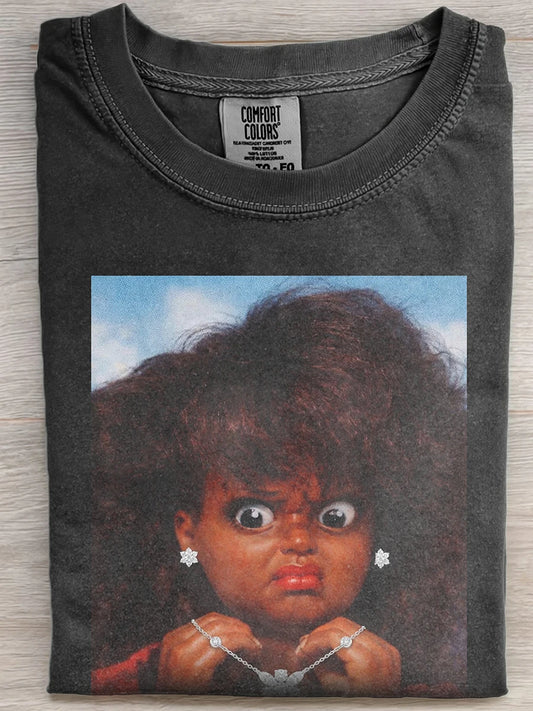 Vintage Washed Black Afro Black Doll Angry Face Funny Graphic Short Sleeve Tee