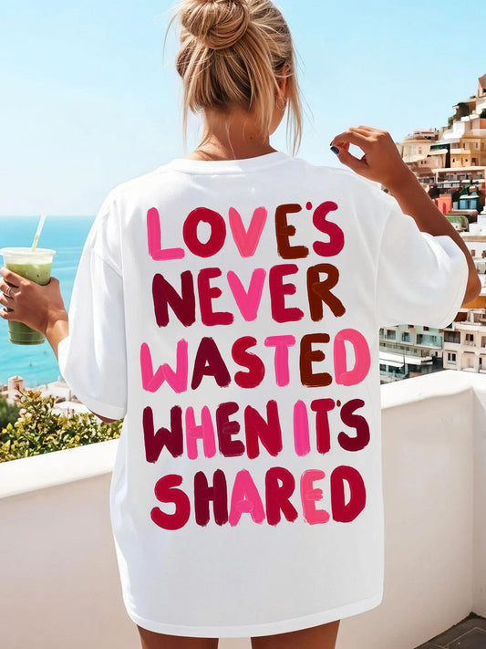 White Love's Never Wasted Gradient Red Pink Slogan Back Print T-Shirt