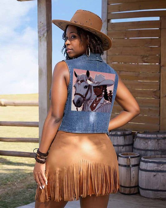 Black Cowgirl Tour Single-Breasted Casual Denim Waistcoat