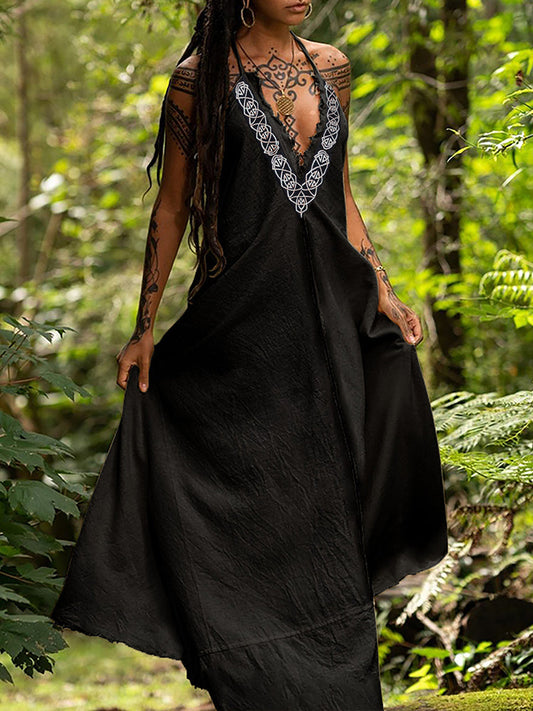 Tribal Celtic Witch Ethnic Sling Cotton And Linen Maxi Dress