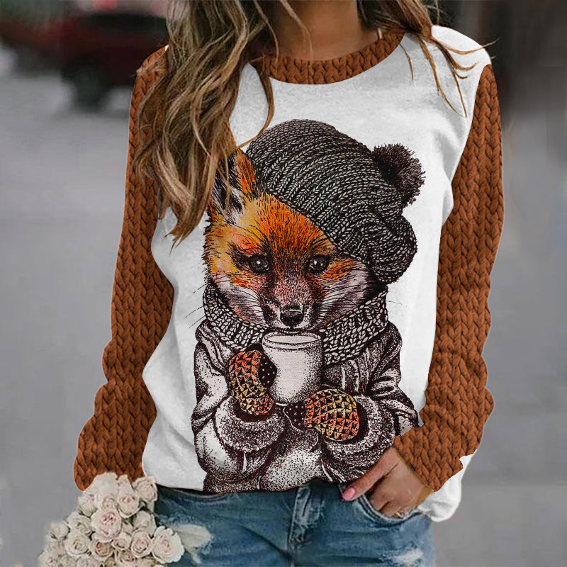 Women's Fox Coffee Print Round Neck Cozy Knit Sweater