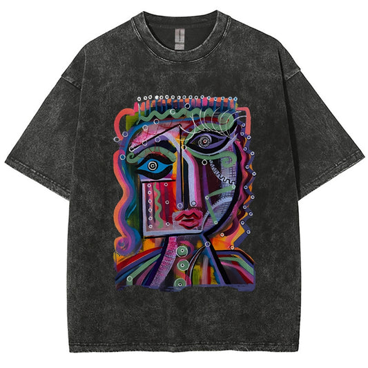 Unisex Abstract Art Face Printed Washed Tee