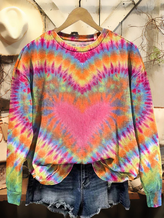 Women's Retro Colorful Love Hearts Tie Dye Casual Sweatshirt