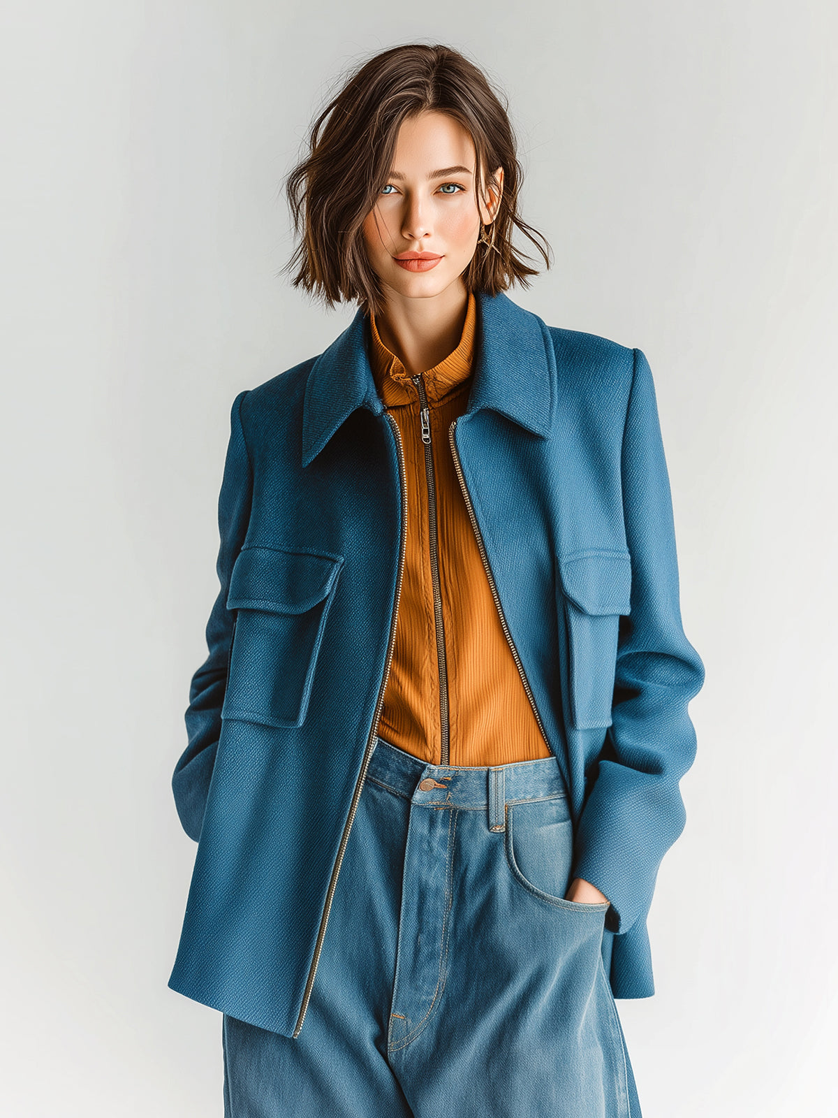 Taidalw Chic Vintage Dark Blue Twill Wool Blend Lapel Zipper-Front Flap Pocket Jacket